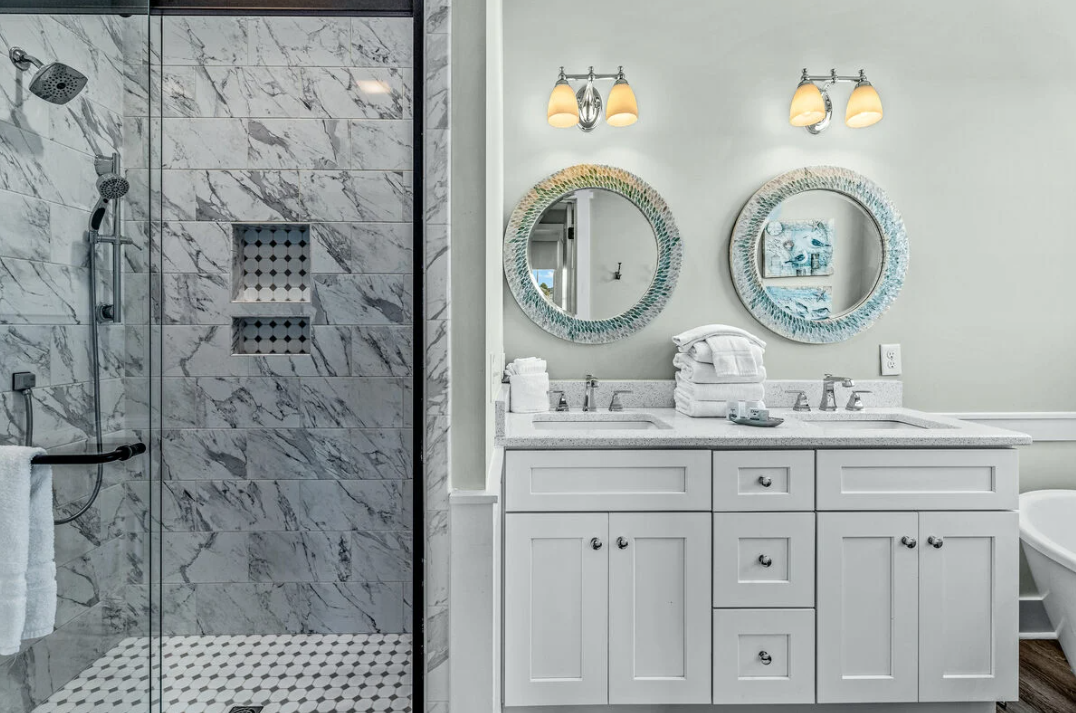 Master bathroom with walk-in shower and double vanity