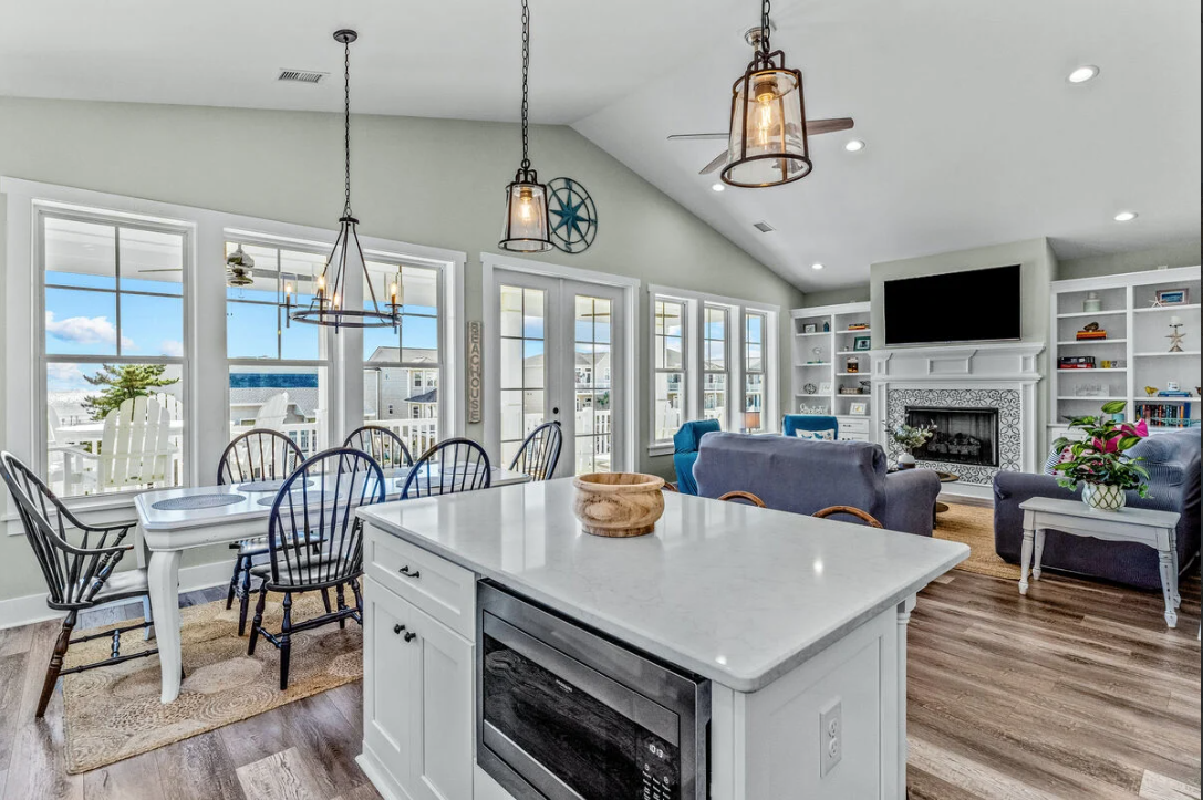 Kitchen open to dining and living